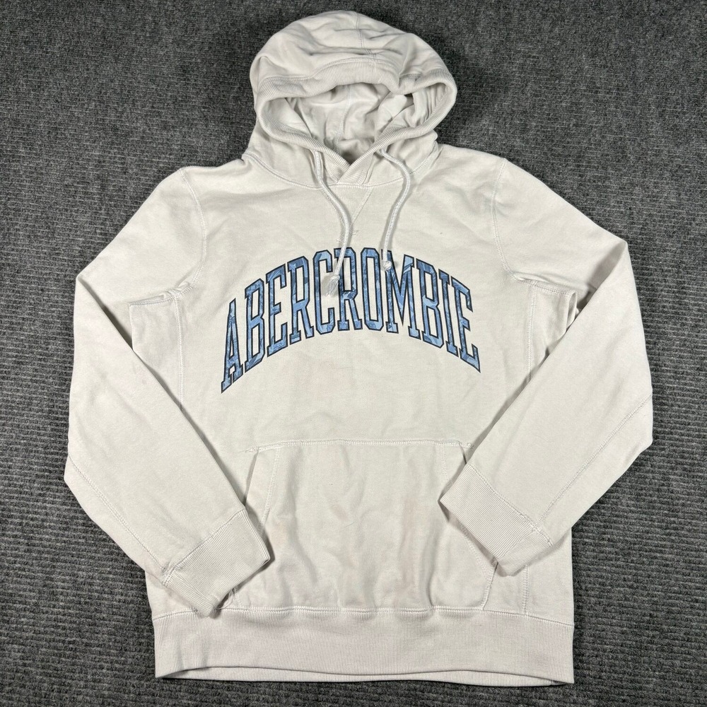 Vtg Abercrombie & Fitch Hoodie Mens Small Off-White Good Graphic Pullover Logo